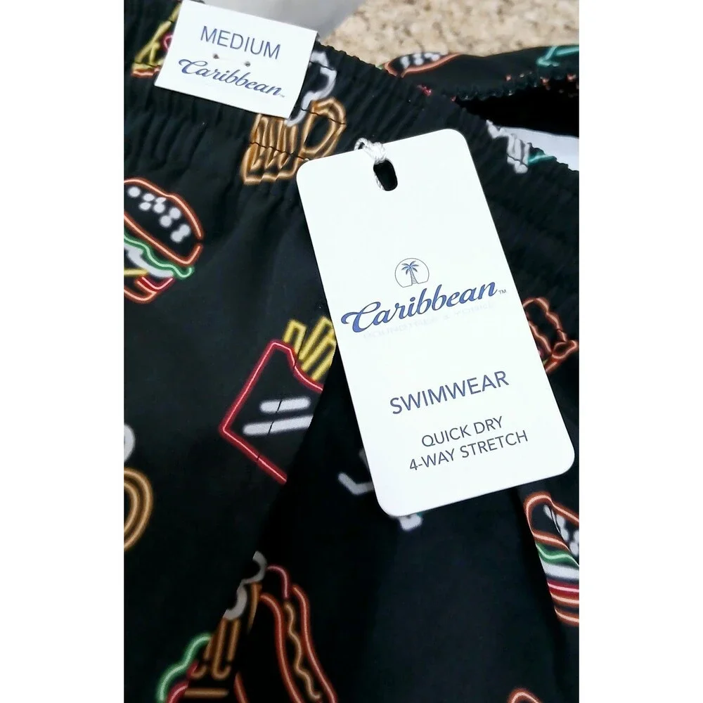 Food Print Swim Trunks Mens M NWT Beer Pizza Burger Fries Novelty Shorts